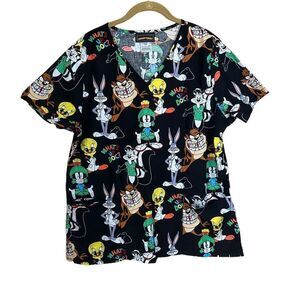 Looney Tunes Hospital Nurse Scrub Black V Neck Top Large